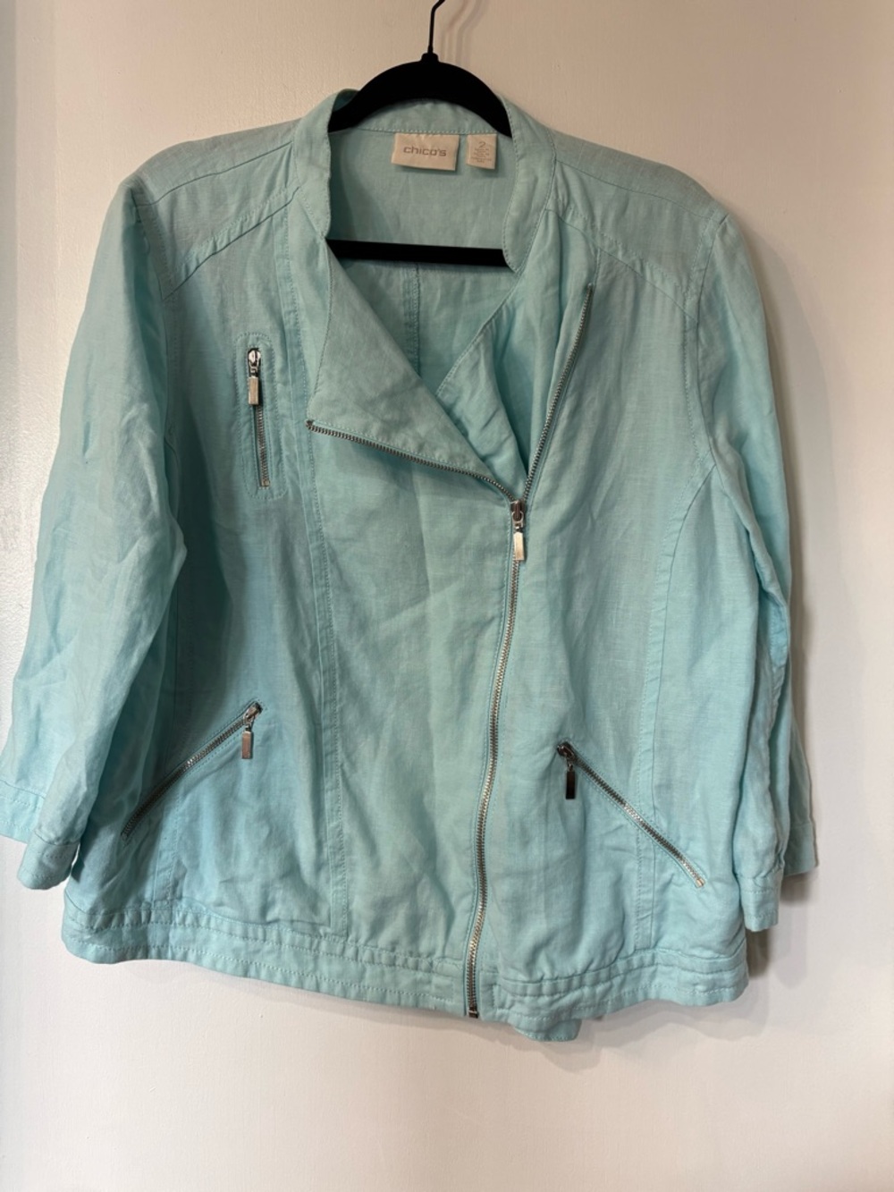 Chico's Mint Lightweight Linen-Blend Asymmetrical Zip Jacket